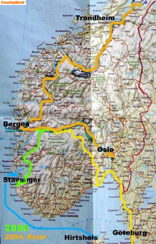 Norwegen: web1503Karte / Hinfahrt: blau, Tour: grün, Heimfahrt: gelb